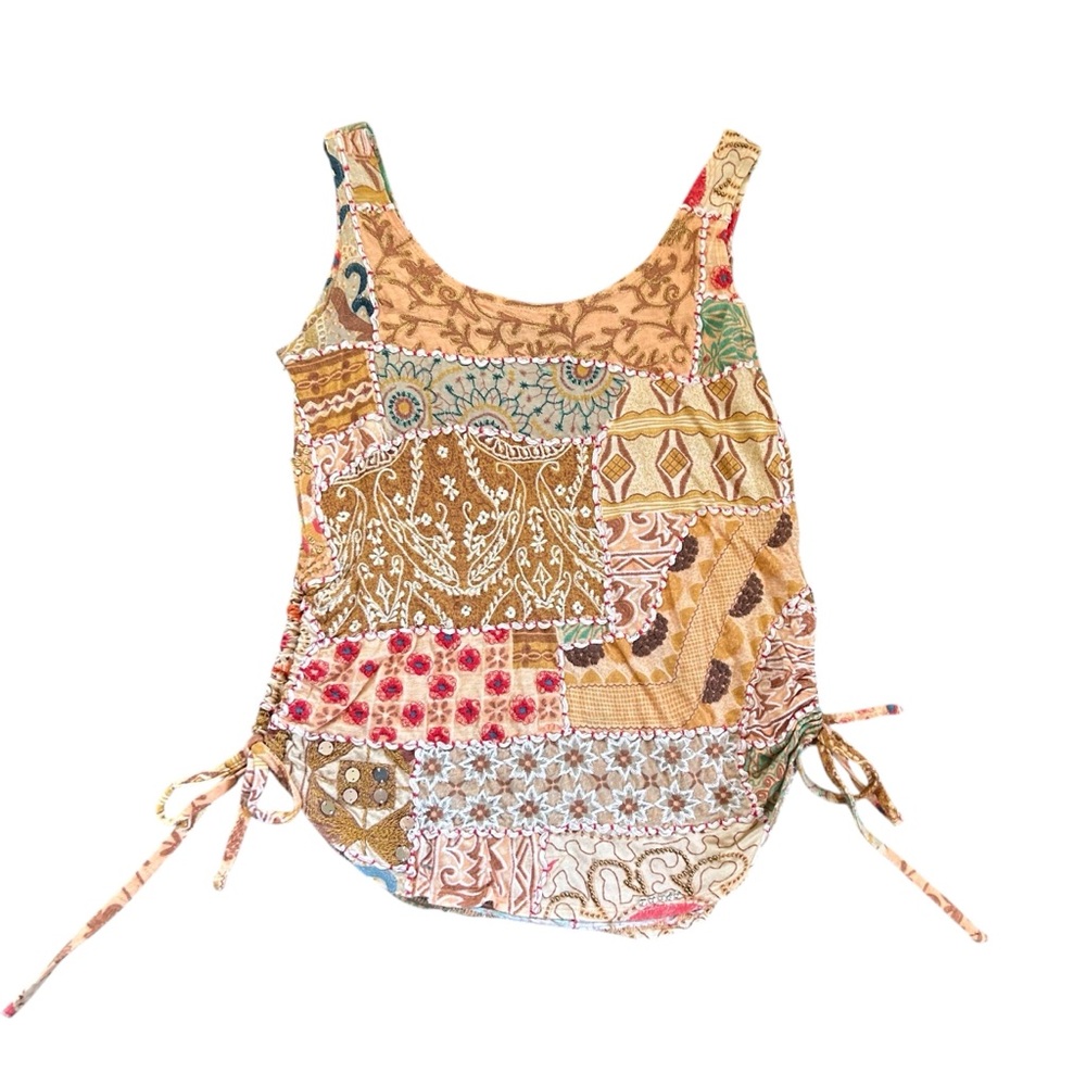 Patterson J Kincaid Patchwork Side Tie Tank Top Sequins Embroidery Bohemian S
